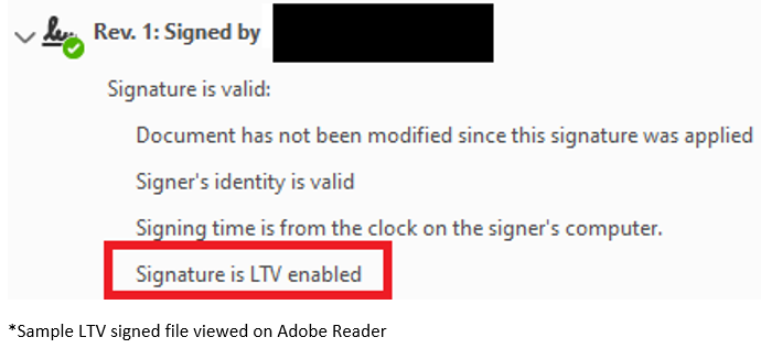 Sample LTV signed file viewed on Adobe Reader.