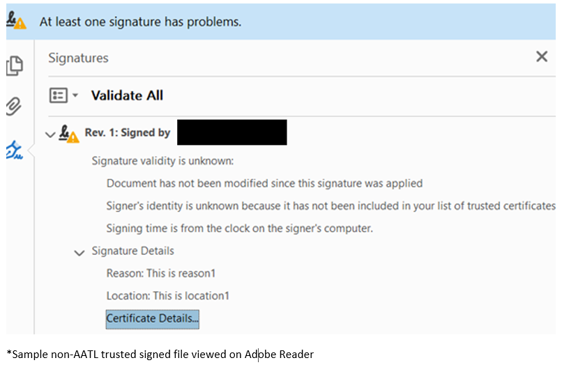 Sample non-AATL trusted signed file viewed on Adobe Reader