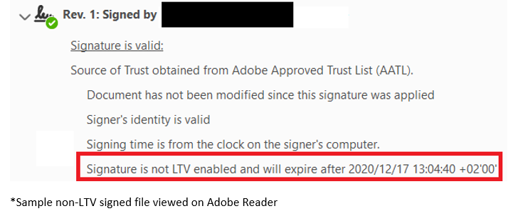 Sample non-LTV signed file viewed on Adobe Reader