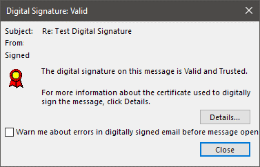 S MIME | Outlook Digital Signature validation dialog box